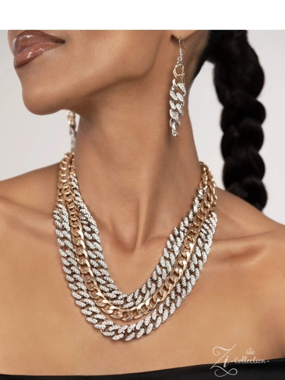 Two-Tone Pave Cuban Link Necklace & Earring and Bracelet Gold & Silver Set